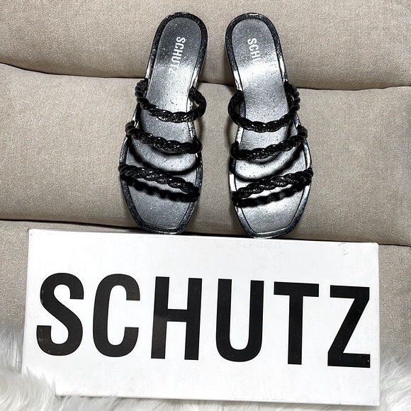NIB 8B SCHUTZ Glitter jelly black pool slides mules sandalia Diana sandals NEW - Picture 2 of 9